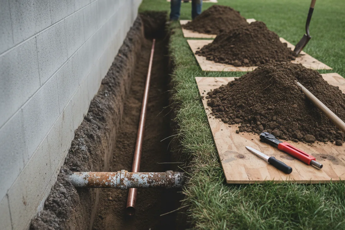 Excavated water line trench during Water Softener Installation in Petersburg